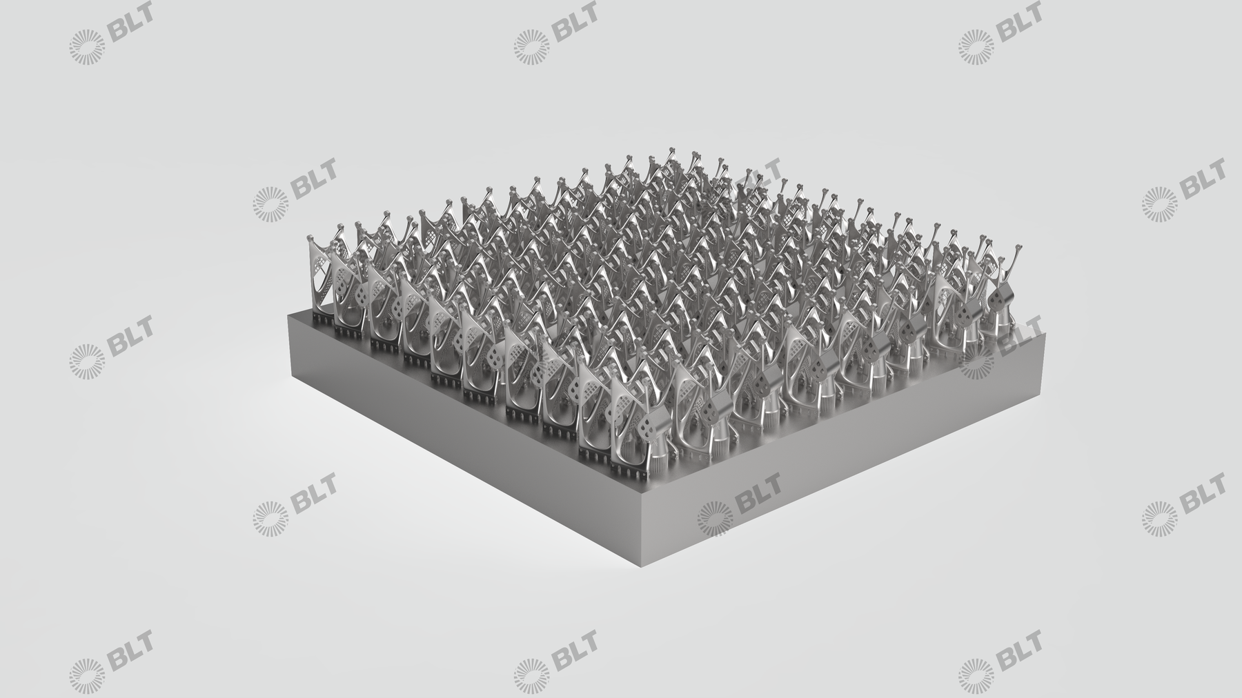Dense nest of metal additive swirler blanks on a square build plate