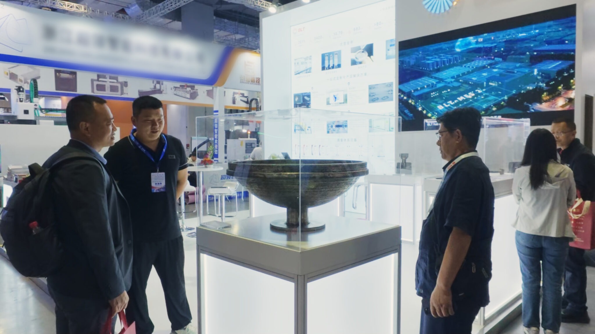 Large metal additive cover vessel exhibit blank displayed under glass