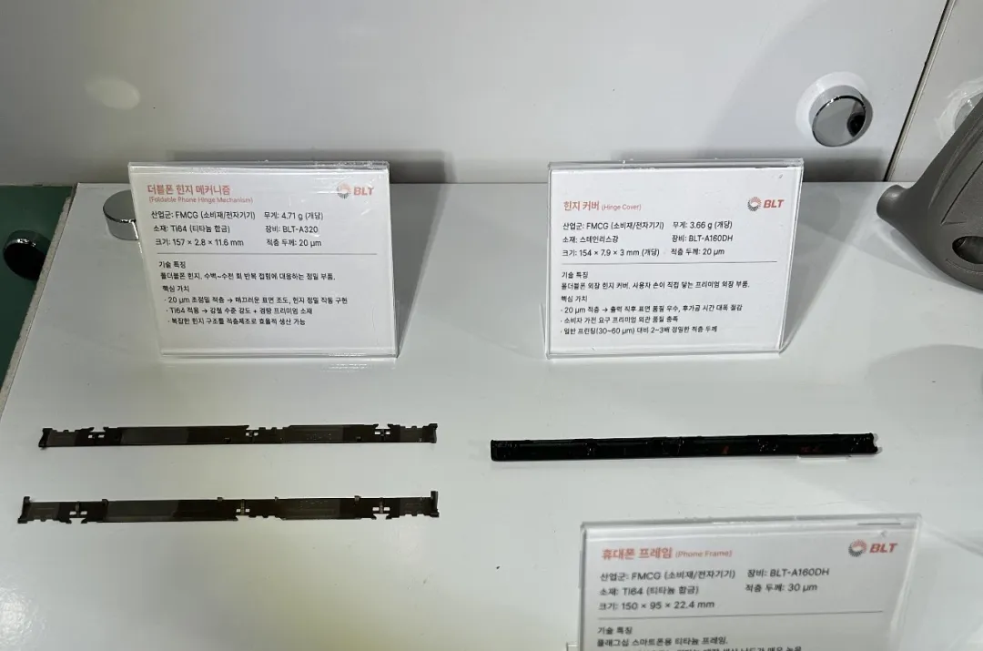 Metal additive foldable-phone hinge mechanism strips and hinge cover on an exhibition card