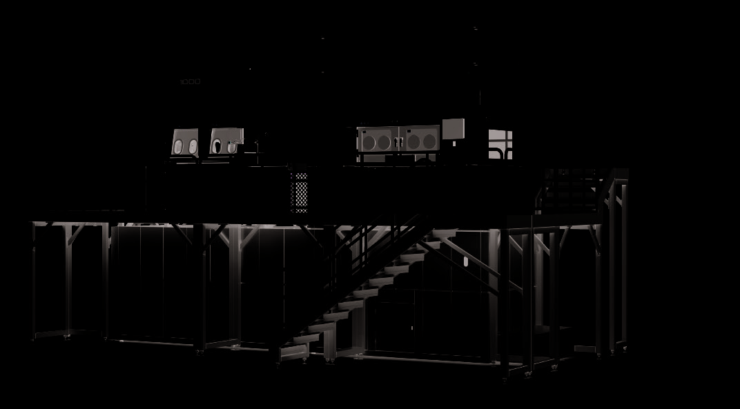Large-format multi-level metal additive manufacturing system against a black studio background
