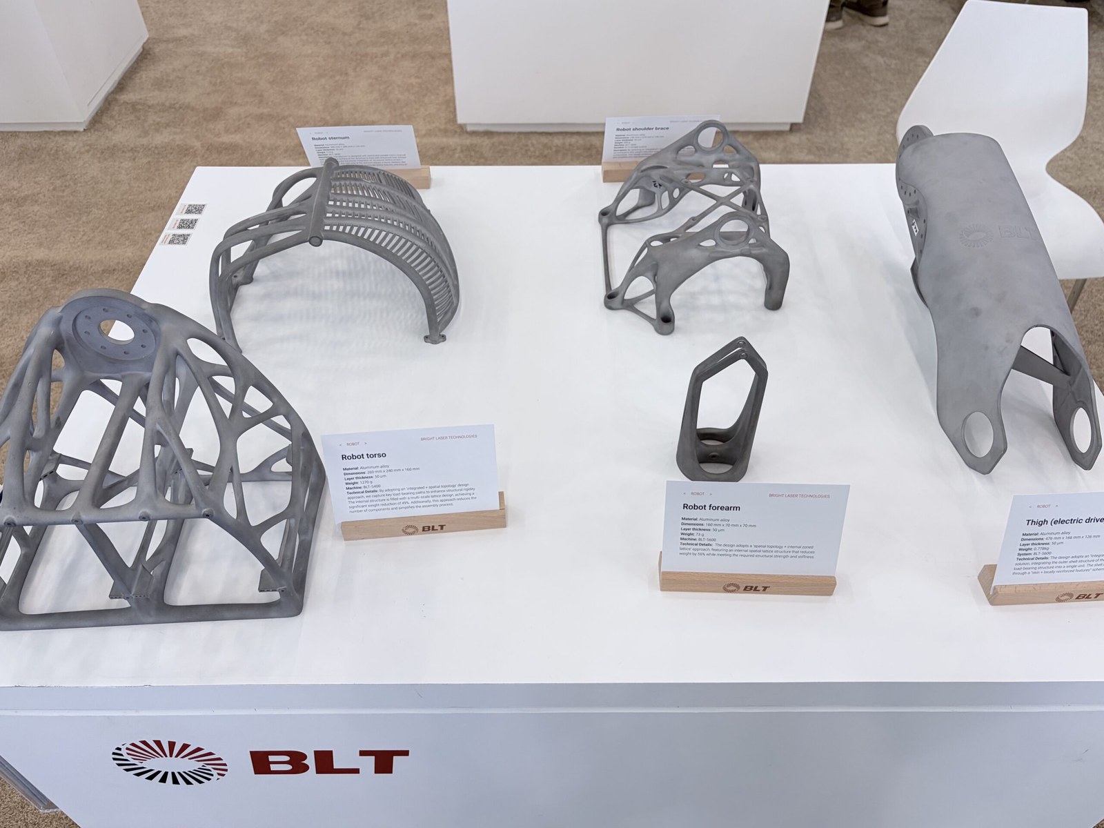 Five topology-style metal additive blanks displayed on a BLT showroom table