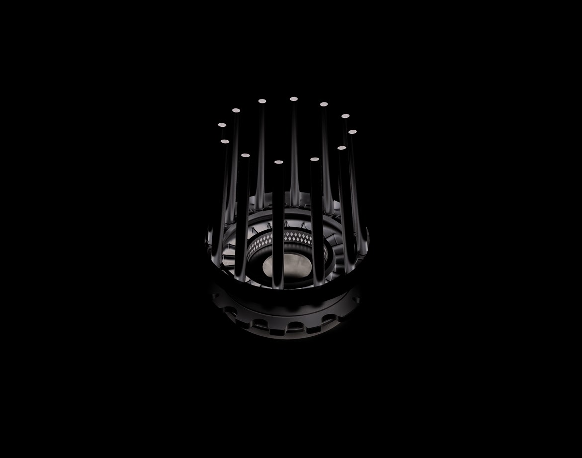 Dark-studio metal additive pillar-cage stator-style blank with vertical rods on a circular base