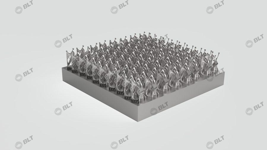 Metal additive combustor swirler blanks nested on a square build plate