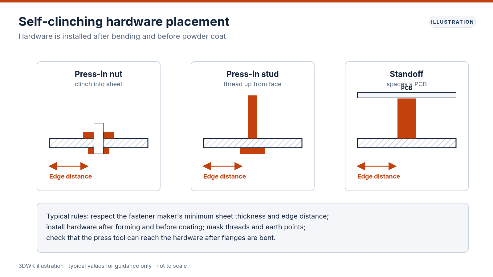Diagrama de una tuerca a presión, un espárrago a presión y un separador instalados en chapa, cada uno con su cota de distancia al borde